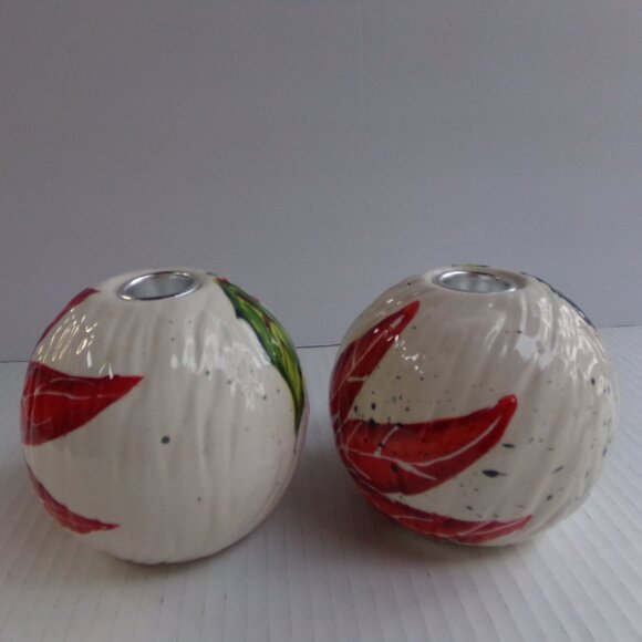 Vintage Christmas Bella Casa Ganz Ceramic Taper Candle Holders Poinsettia Shiny - Picture 4 of 15